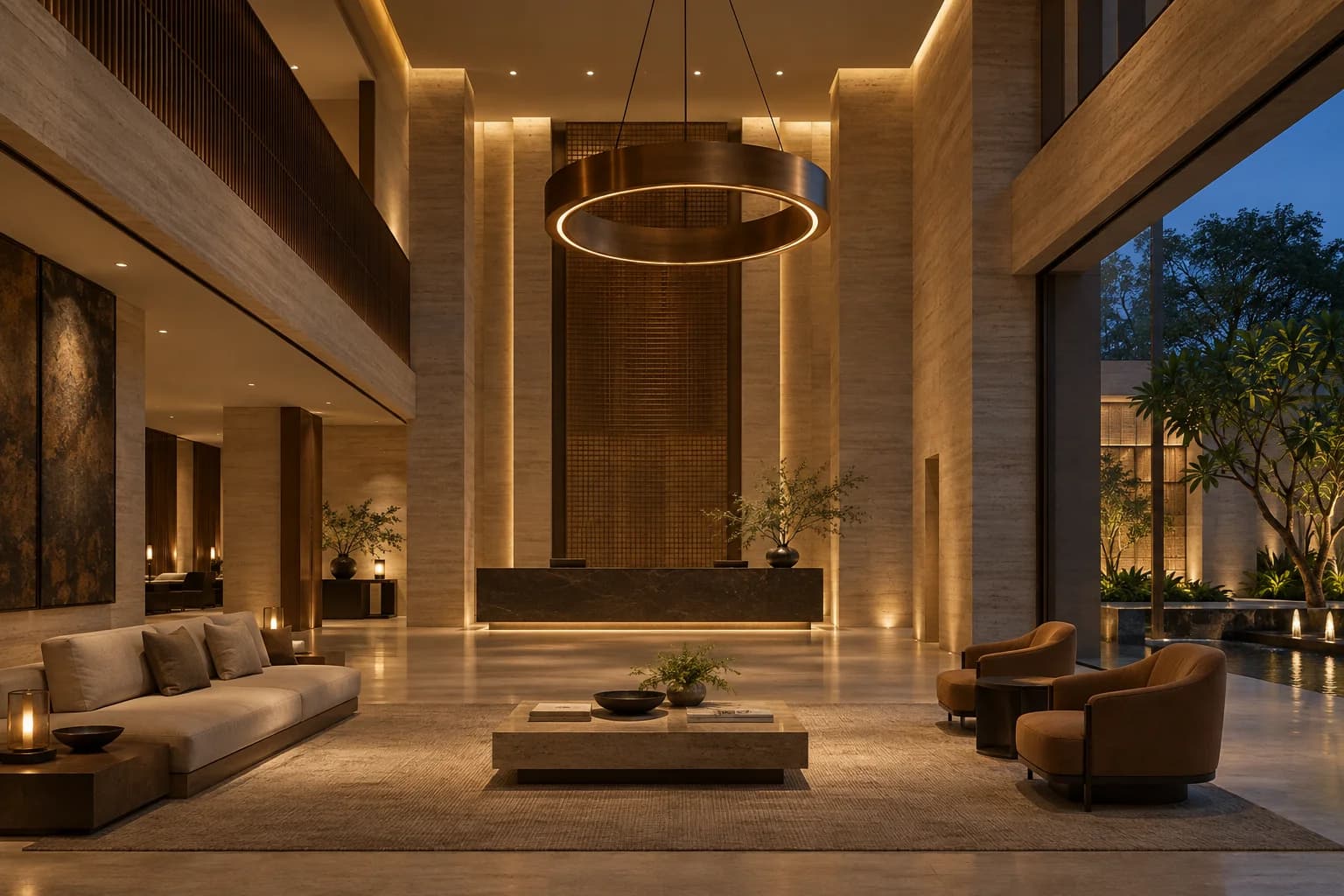 Concept of a warm hotel lobby with a sculptural pendant and concealed architectural lighting